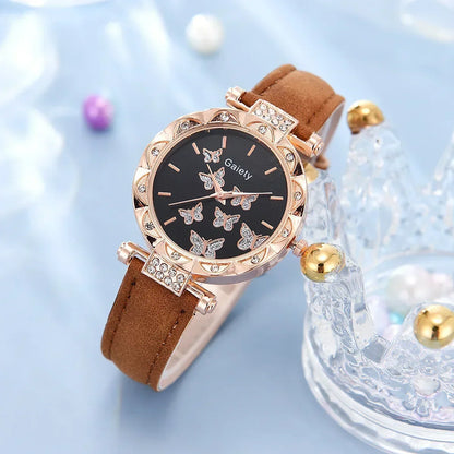 6/1pcs Set Women Watch Ring Necklace Earrings Bracelet Set Watches Butterfly Leather Strap Ladies Quartz WristWatch (No Box)