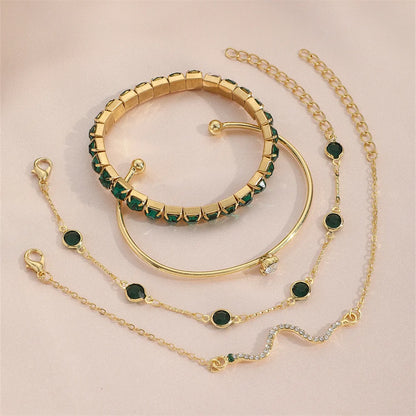 4Pcs/Set Fashion Snake Green Gemstone Bangle Rhinestone Full Metal Bracelet For Women Birthday Party Christmas Gift Jewerly