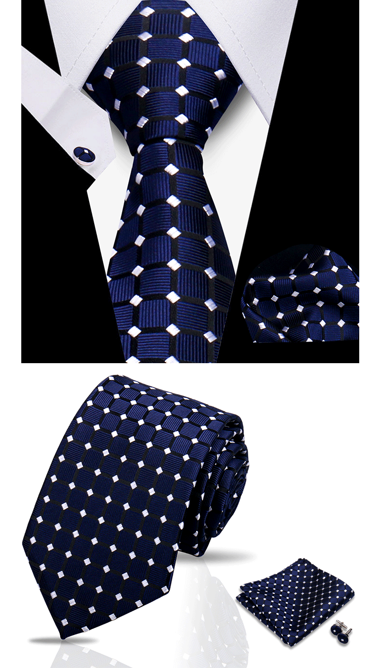 Business Ties For Men Tie Set Dots Necktie Classic Plaid Cufflinks Stripe Handkerchief For Wedding High Quality Formal Gravata