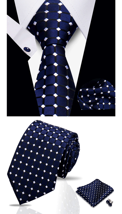 Business Ties For Men Tie Set Dots Necktie Classic Plaid Cufflinks Stripe Handkerchief For Wedding High Quality Formal Gravata