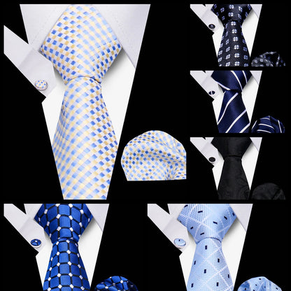 Business Ties For Men Tie Set Dots Necktie Classic Plaid Cufflinks Stripe Handkerchief For Wedding High Quality Formal Gravata