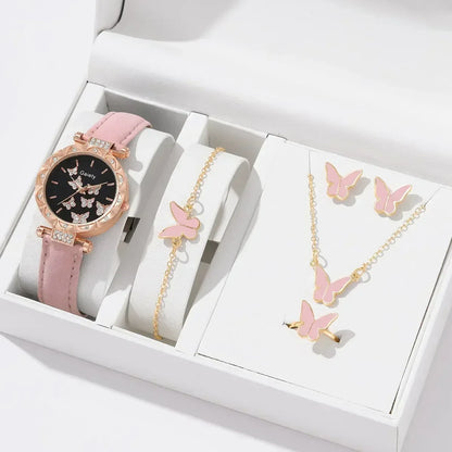 6/1pcs Set Women Watch Ring Necklace Earrings Bracelet Set Watches Butterfly Leather Strap Ladies Quartz WristWatch (No Box)