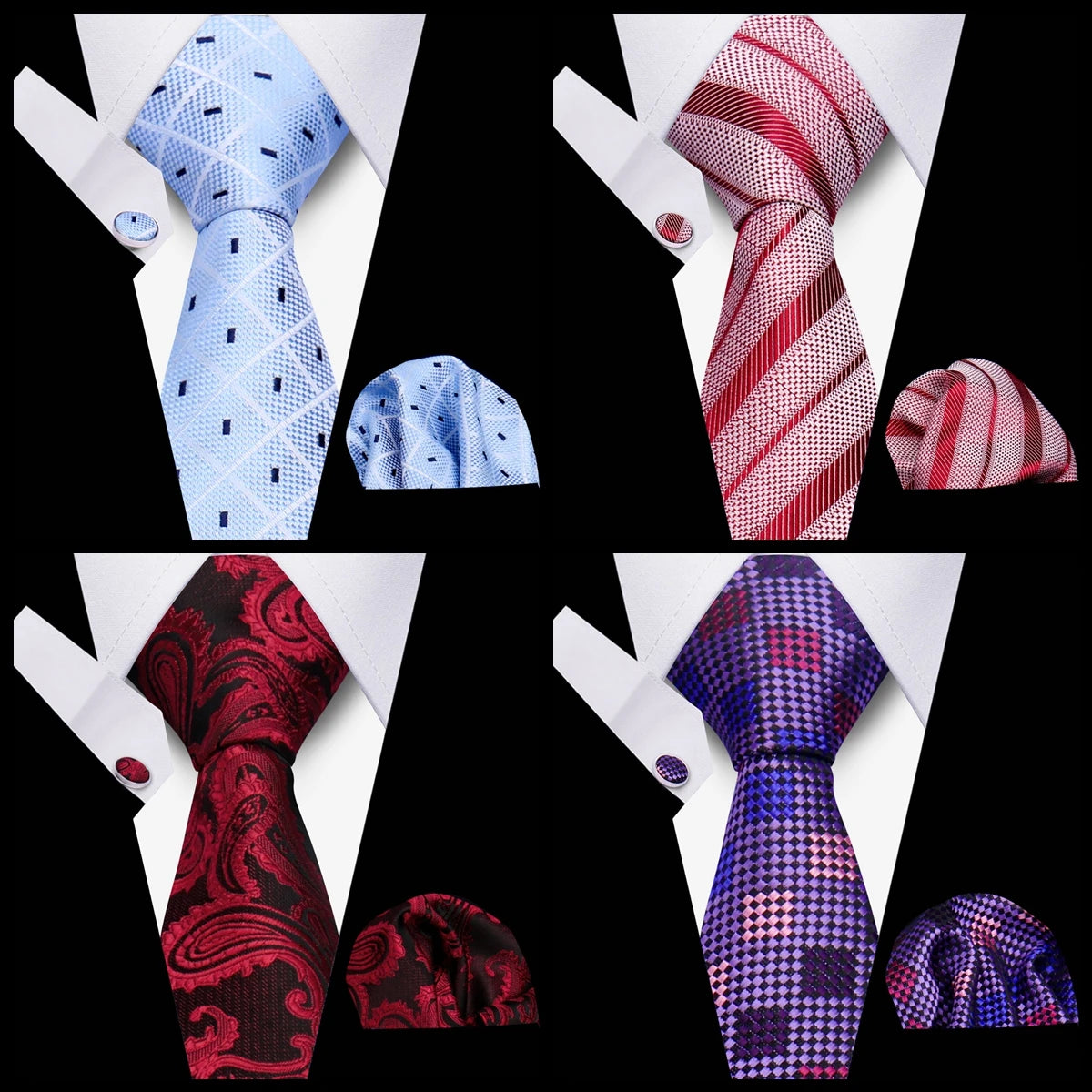 Business Ties For Men Tie Set Dots Necktie Classic Plaid Cufflinks Stripe Handkerchief For Wedding High Quality Formal Gravata