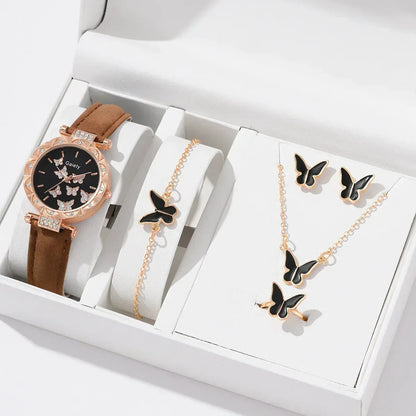 6/1pcs Set Women Watch Ring Necklace Earrings Bracelet Set Watches Butterfly Leather Strap Ladies Quartz WristWatch (No Box)