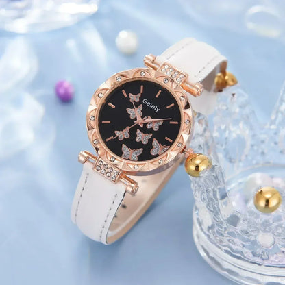 6/1pcs Set Women Watch Ring Necklace Earrings Bracelet Set Watches Butterfly Leather Strap Ladies Quartz WristWatch (No Box)