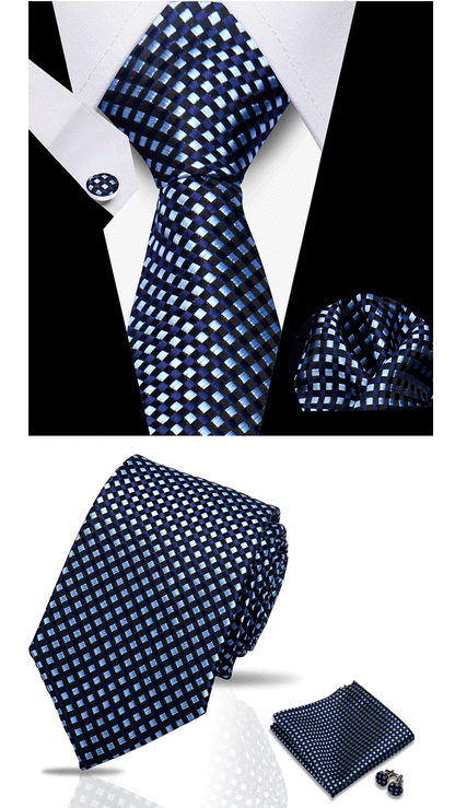 Business Ties For Men Tie Set Dots Necktie Classic Plaid Cufflinks Stripe Handkerchief For Wedding High Quality Formal Gravata