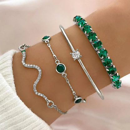 4Pcs/Set Fashion Snake Green Gemstone Bangle Rhinestone Full Metal Bracelet For Women Birthday Party Christmas Gift Jewerly