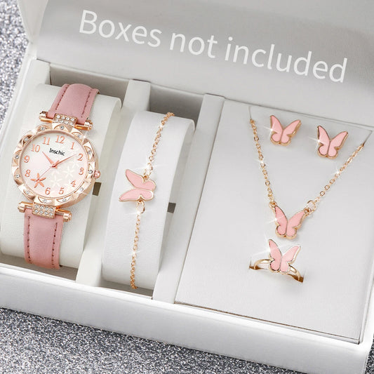 6PCS/Set Women's Fashion Watch with Butterfly Jewelry Set (Without Box）